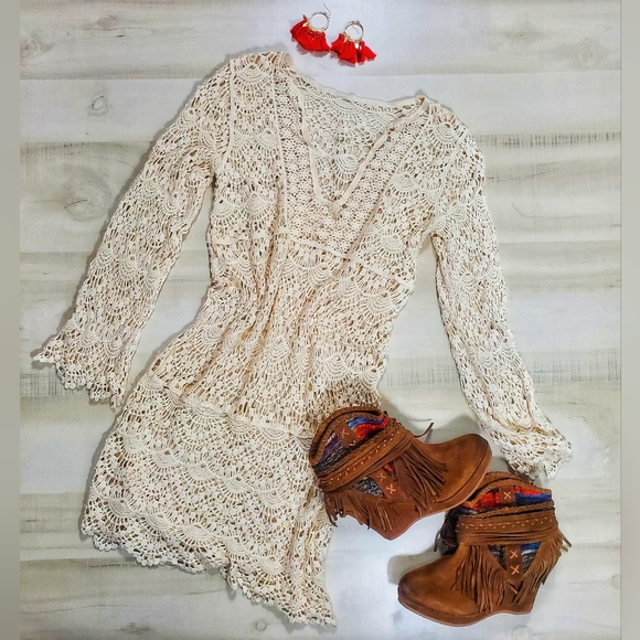 New Boho Crochet Net Cover Up Dress Tunic Top Lace Beige Ivory Tan - Picture 7 of 9